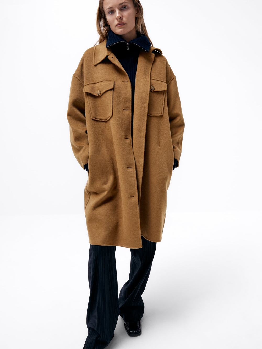 Zara Camel Wool Oversized Pea Coat